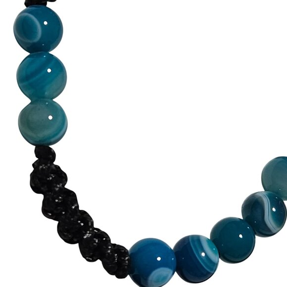 Handmade Blue Agate Beaded Bracelet Adjustable Black Cord Stress Relief Jewelry - Picture 2 of 3